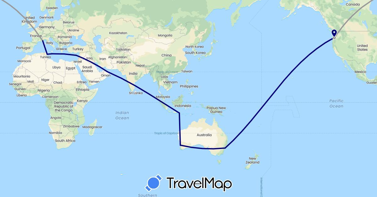 TravelMap itinerary: driving, plane in Australia, Cyprus, France, Indonesia, Malta, Oman, Tunisia, United States (Africa, Asia, Europe, North America, Oceania)